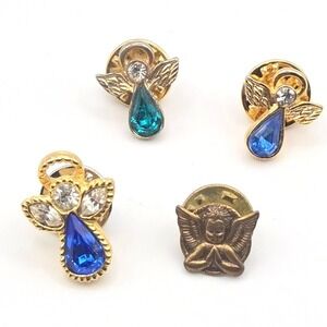Set of 4 Angel Pins‎ Gold Tone Blue (Sept) Teal (March) Clear Rhinestones 2 TAT